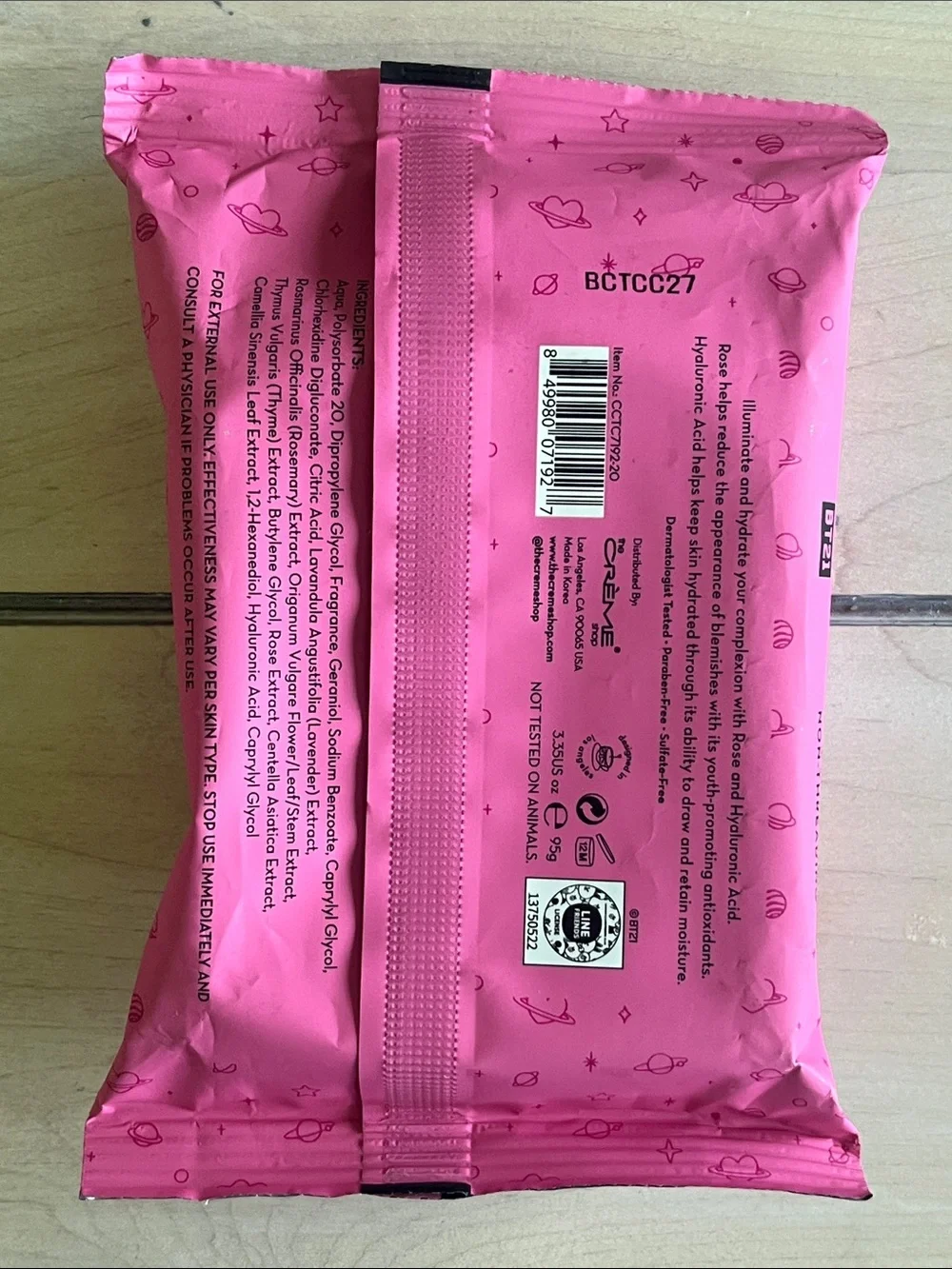The Creme Shop BT21 Cleansing Pre-Wet Towelettes -Rose +Hyaluronic Acid